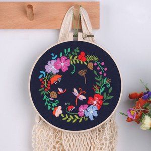 Floral Embroidery Kit for Beginners, Dragonfly Flowers Ring 20cm
